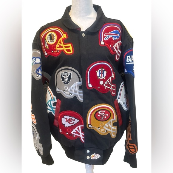 JEFF HAMILTON - RARE Vintage 90’s 30 Team Logo NFL Black Denim Jacket SZ Large - Picture 1 of 16